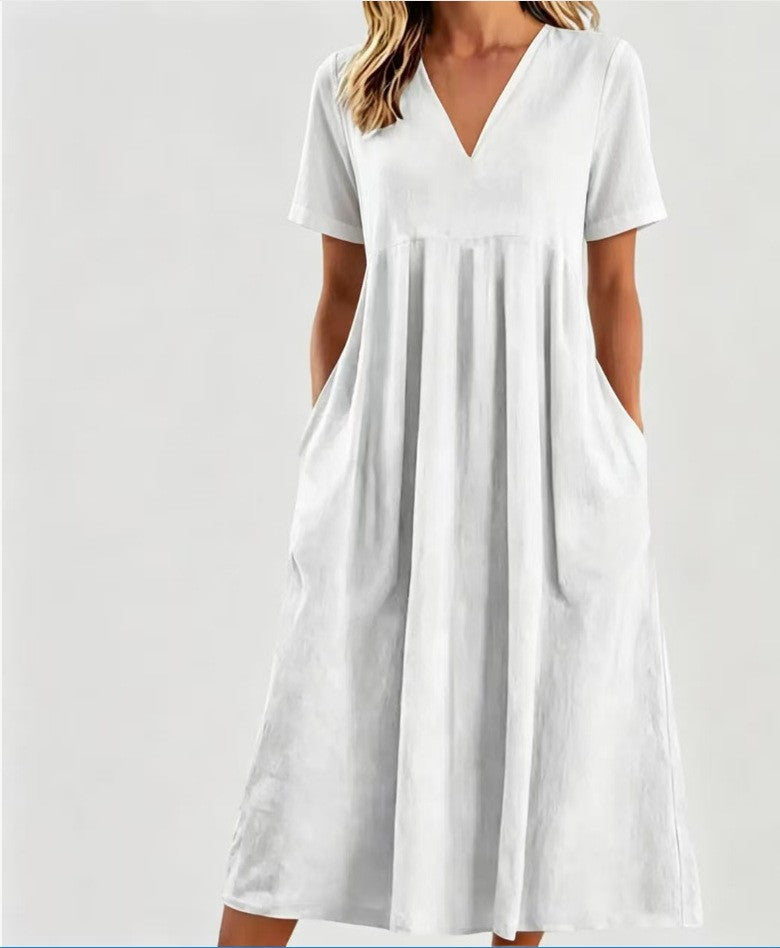 Damen nan legeres V-Ausschnitt-Midikleid mit Eingrifftaschen und geraffter Empirenaht Echo Archiv