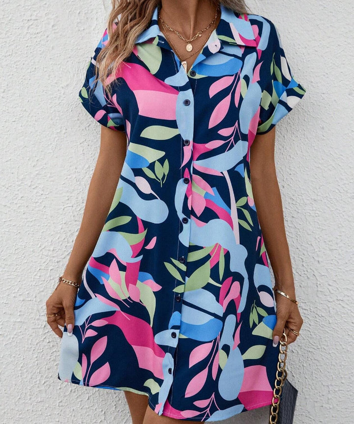 Damen Lockeres Hemdblusenkleid mit Knopfleiste, Reverskragen und floralem Print – Lunéa