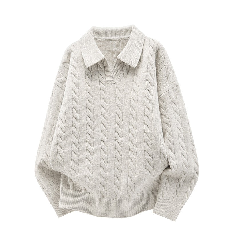 Damen Oversize Kabelstrick-Polo-Pullover mit V‑Ausschnitt und geripptem Saum Echoarchiv