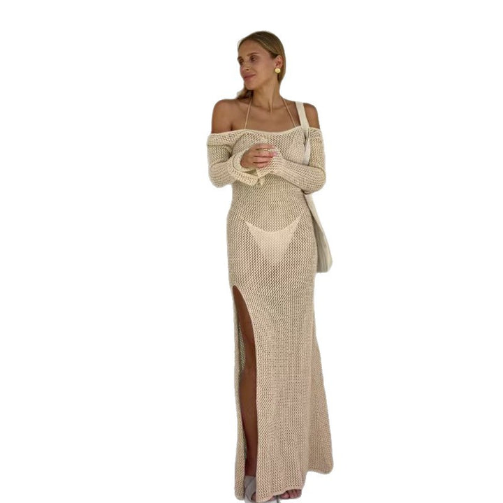 Damen luftiges Häkel-Maxikleid mit schulterfreier Optik und hohem Schlitz Echo Archiv