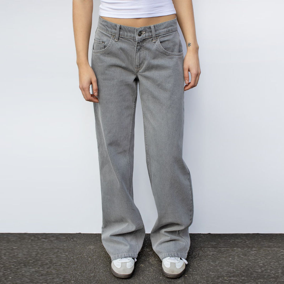 Damen nan weites Denim Hosenmodell mit tiefem Bund und weitem Schlag Echo Archiv