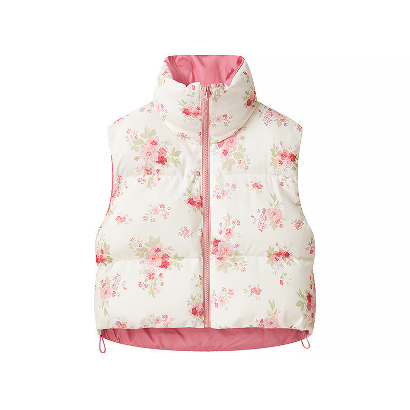 Damen gesteppte Weste mit floralem Allover-Print, hohem Stehkragen und verstellbarem Saum – Célinea