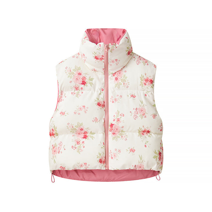 Damen gesteppte Weste mit floralem Allover-Print, hohem Stehkragen und verstellbarem Saum – Célinea