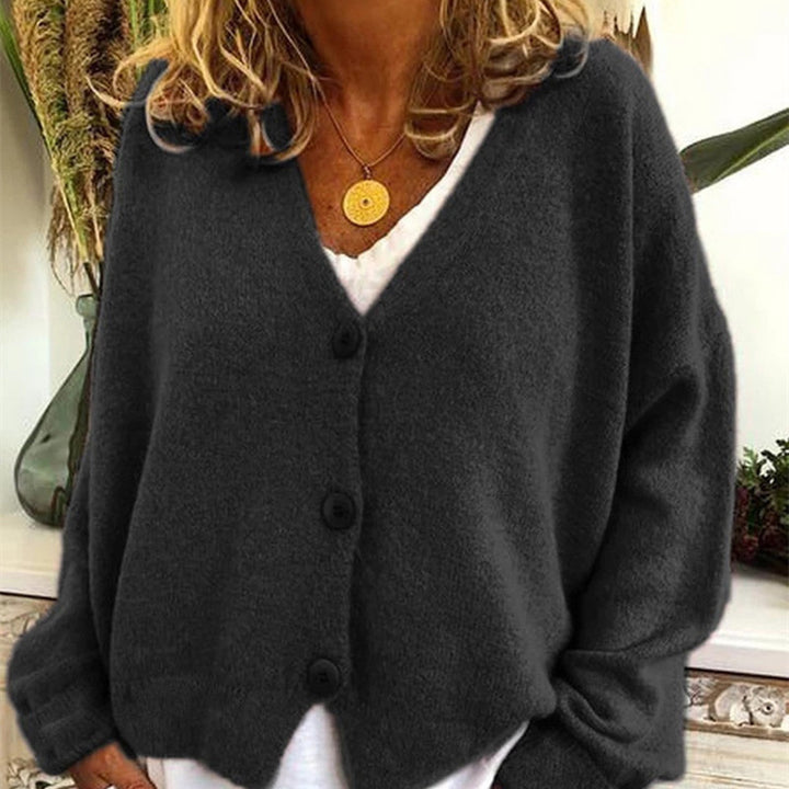 Damen lässiger Strickcardigan mit tiefem V-Ausschnitt und großen Knöpfen Echoarchiv