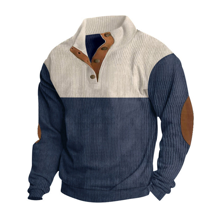 Herren nan Rippenstrickpullover mit Stehkragen Knopfleiste und Leder-Ellbogenpatches Echo Archiv
