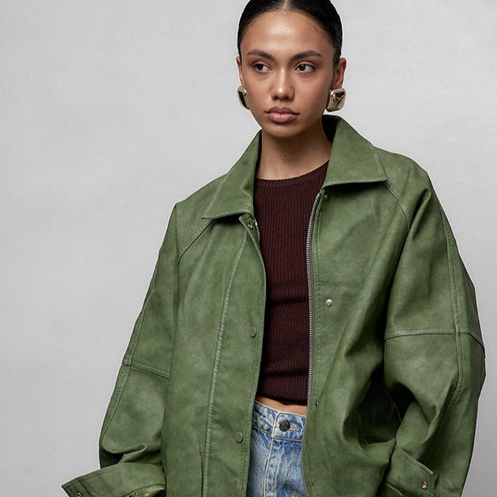 Damen Oversize-Lederimitatjacke im Boxy-Cut mit Raglanärmeln und Zweiwege-Reißverschluss Echoarchiv
