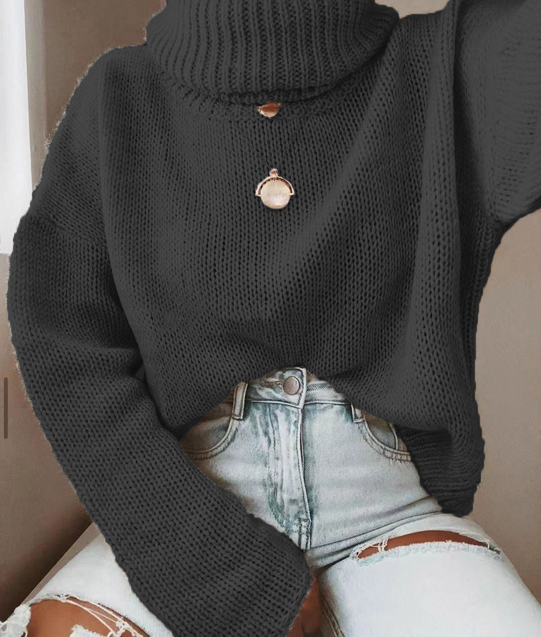 Damen Oversize Rollkragenpullover grobgestrickt mit weitem Schnitt Echoarchiv