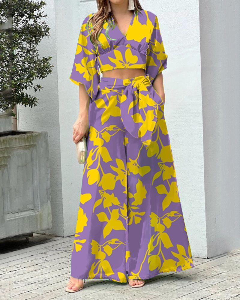 Damen Zwei-Teiler Sommer Set mit Wickel-Crop-Top und Hochtaillierten Palazzo-Hosen EB – Élanora