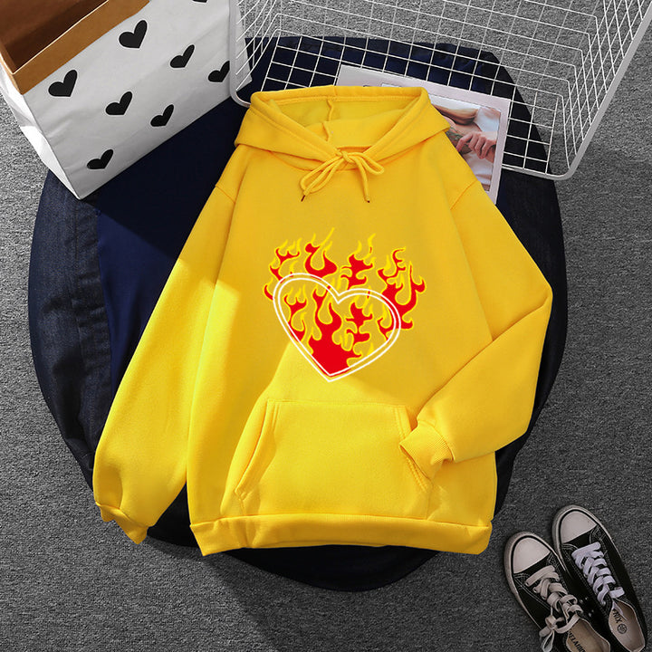 Damen leichter Oversize Kapuzenpullover mit Herz‑EKG‑Motiv, langen Kordeln und elastischem Bund – Auréline