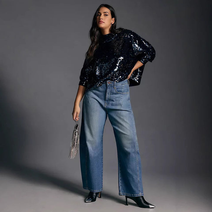 Damen nan hochgeschnittene weite Culotte-Jeans mit verkürzter Länge und dekorativen Nahtdetails Echo Archiv