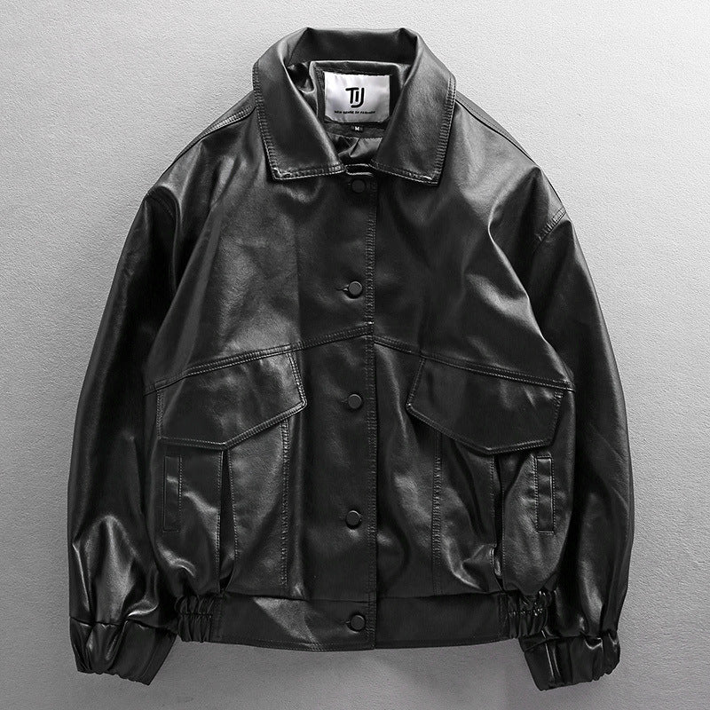 Herren Oversized Lederimitat-Utility-Jacke mit Pattentaschen und elastischem Saum Echoarchiv