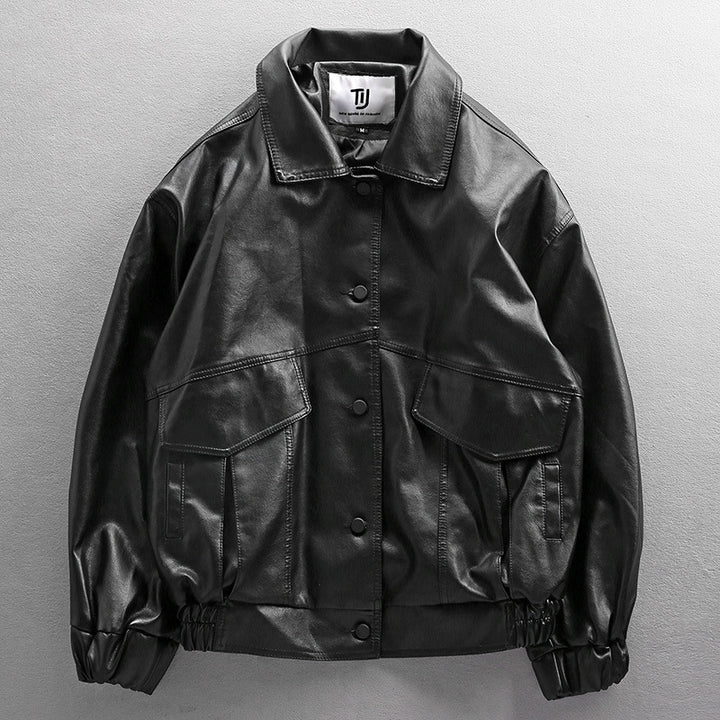 Herren Oversized Lederimitat-Utility-Jacke mit Pattentaschen und elastischem Saum Echoarchiv