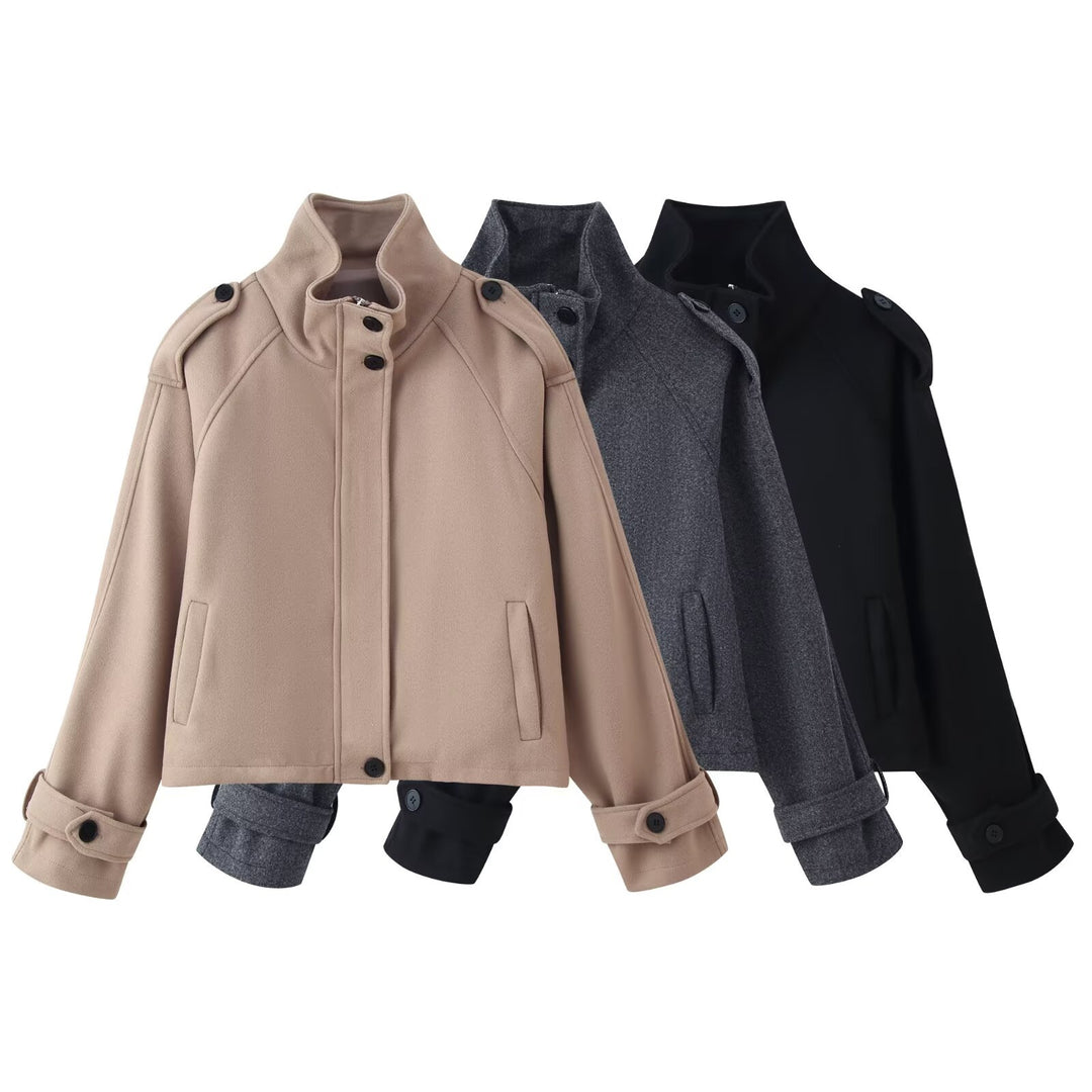 Damen nan kurze Wolljacke mit Stehkragen, Schulterklappen, verdeckter Knopfleiste und verstellbaren Manschetten Echo Archiv