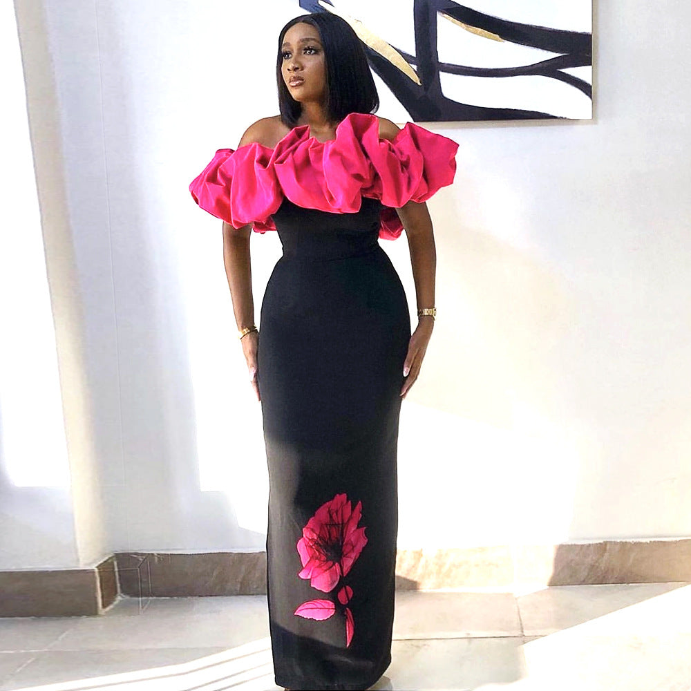 Damen elegantes Maxikleid mit voluminösem Rüschenkragen und floralem Print Echo Archiv