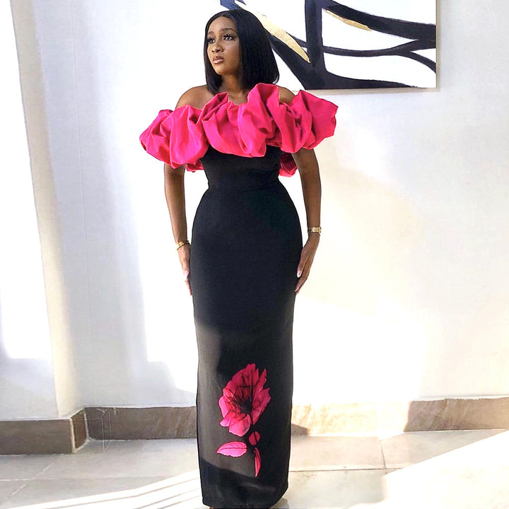 Damen elegantes Maxikleid mit voluminösem Rüschenkragen und floralem Print Echo Archiv