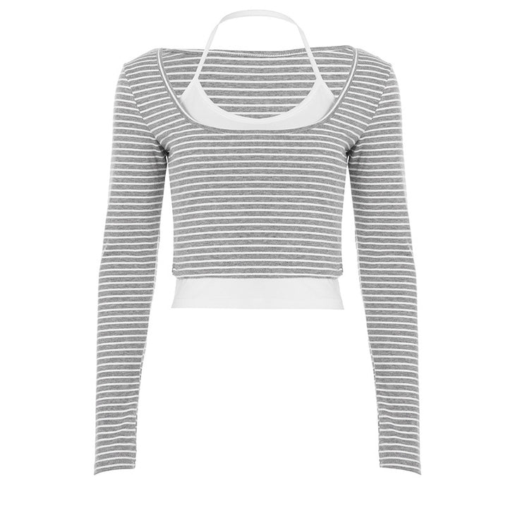 Damen nan gerafftes Layering-Cropped-Top mit integriertem Bustier und feinem Streifenstrick Echo Archiv