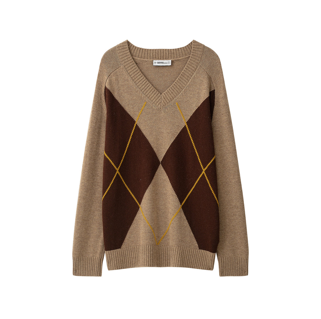 Damen Argyle V-Ausschnitt Pullover aus Feinstrick mit Raglanärmeln und Rippbündchen Echoarchiv