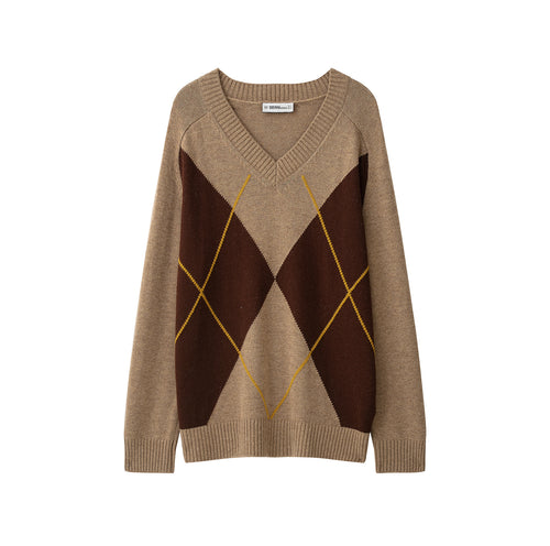 Damen Argyle V-Ausschnitt Pullover aus Feinstrick mit Raglanärmeln und Rippbündchen Echoarchiv