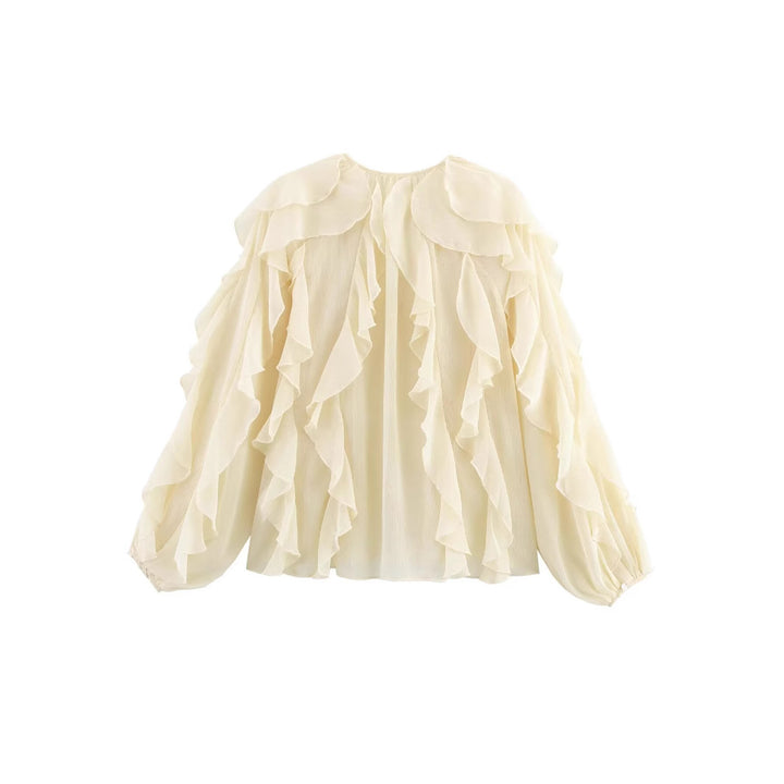 Damen transparente Chiffonbluse mit mehrlagigen Volants, weiten Ballonärmeln und durchgehender Knopfleiste – Élovi