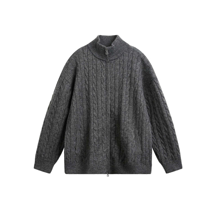 Unisex Grobstrick-Pullover mit Zopfmuster, hohem Stehkragen und Zwei-Wege-Reißverschluss Echoarchiv