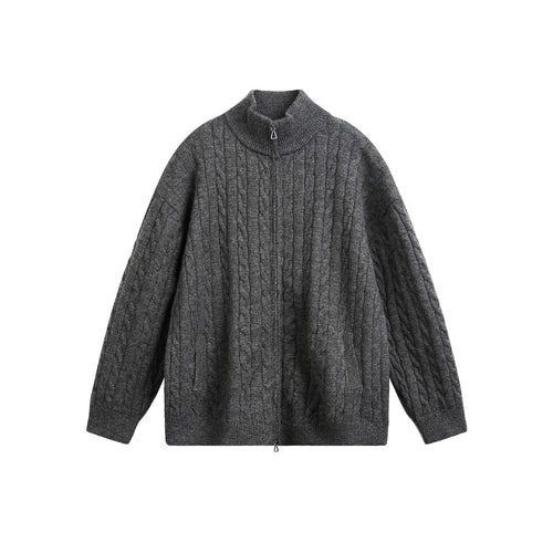 Unisex Grobstrick-Pullover mit Zopfmuster, hohem Stehkragen und Zwei-Wege-Reißverschluss Echoarchiv
