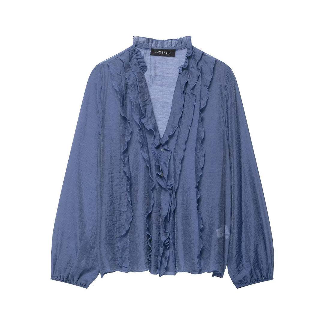 Damen Transparente Crinkle-Bluse mit Volantkragen, Rüschenfront und Ballonärmeln Echo Archiv