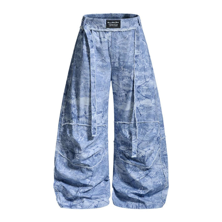 Damen weite Balloon-Jeanshose mit elastischem Bund, langen Zierbändern und Batik-Optik Echoarchiv