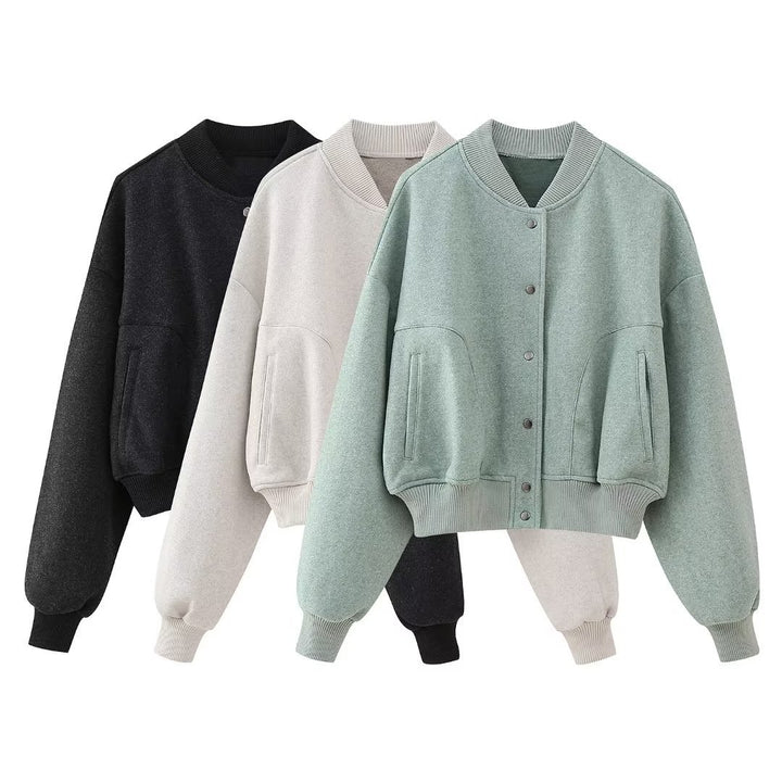Damen kastiges Cropped Blouson aus Sweat mit Raglanärmeln, verdeckter Druckknopfleiste und breitem Rippbund – Avérine