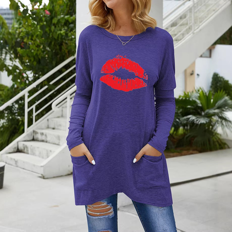 Damen Lange Oversize Tunika Bluse mit Rundhalsausschnitt, Kussdruck und Seitentaschen – Élovi