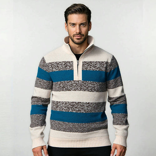 Herren modernes Strickpullover mit halbem Reißverschluss und Blockstreifen Echoarchiv