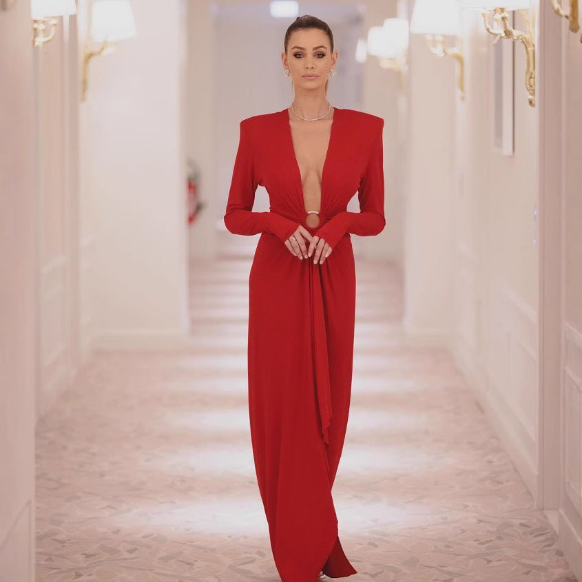 Damen Elegantes Abendkleid mit tiefem V-Ausschnitt und gefalteten Ärmeln Echo Archiv