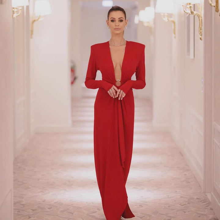 Damen Elegantes Abendkleid mit tiefem V-Ausschnitt und gefalteten Ärmeln Echo Archiv