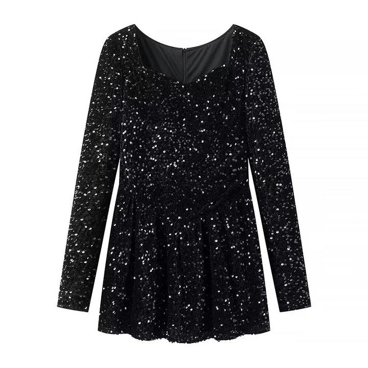 Damen Samt-Pailletten-Peplumshirt mit weitem ausgestelltem Saum und langem Arm – Avérine