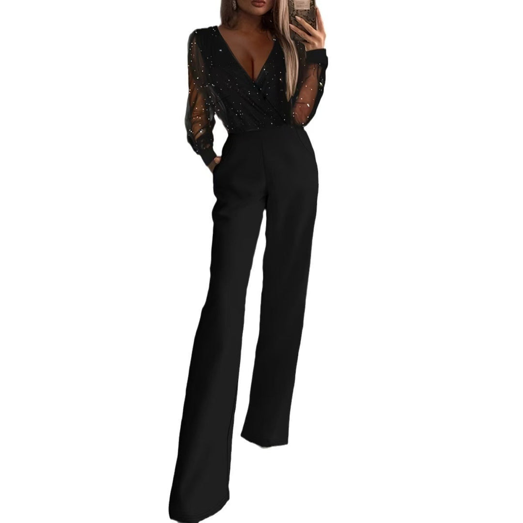 Damen Eleganter Jumpsuit mit transparenten Ärmeln und funkelnden Details Echo Archiv