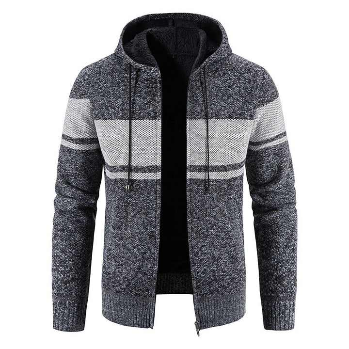 Herren Strickjacke mit Kapuze und kontrastierendem Streifenmuster Echoarchiv