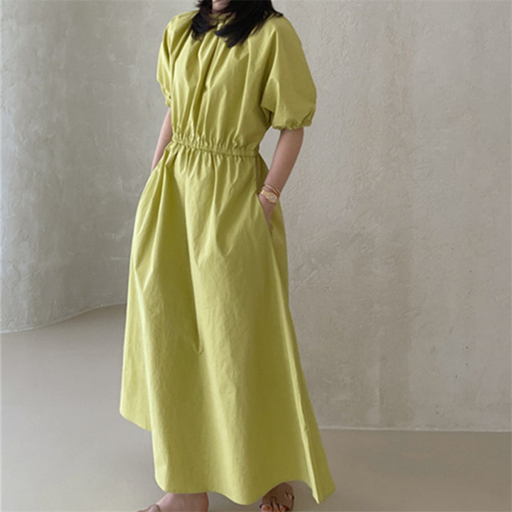 Damen Fließendes Baumwoll-Maxi-Sommerkleid mit elastischem Taillenbund, Puffärmeln und Eingrifftaschen – Valéora