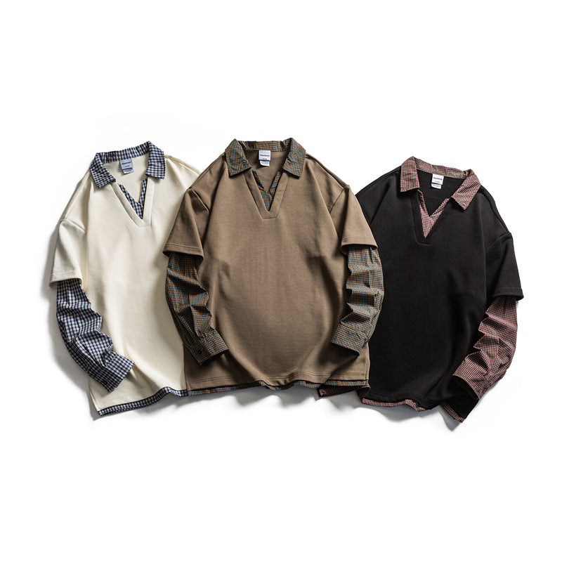 Herren Lagenlook-Pullover mit integriertem Karo-Hemdkragen und eingesetzten Hemdärmeln Echoarchiv