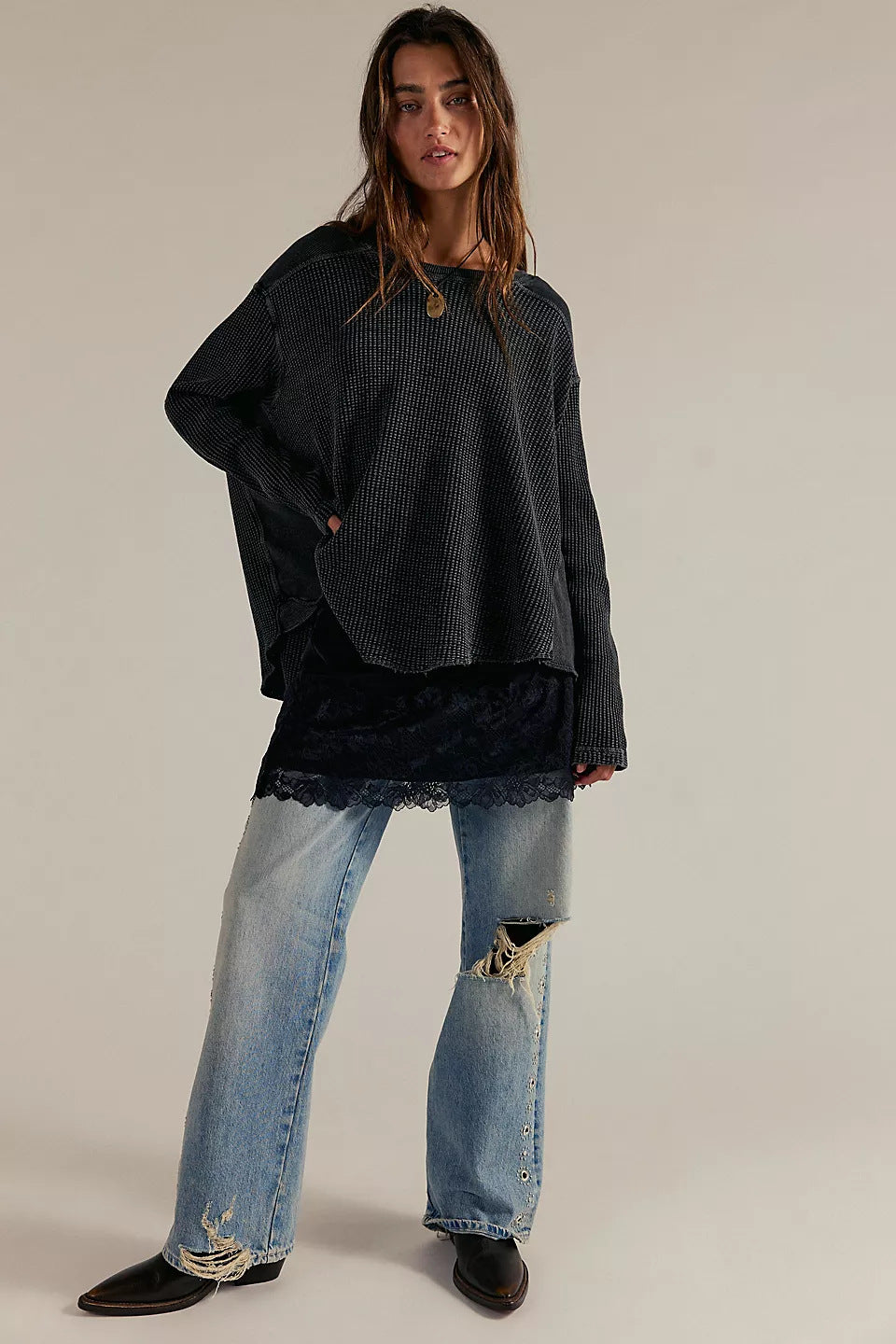 Damen Oversized Waffelstrick-Pullover mit weitem Schnitt und tiefem Raglan – Mavelle