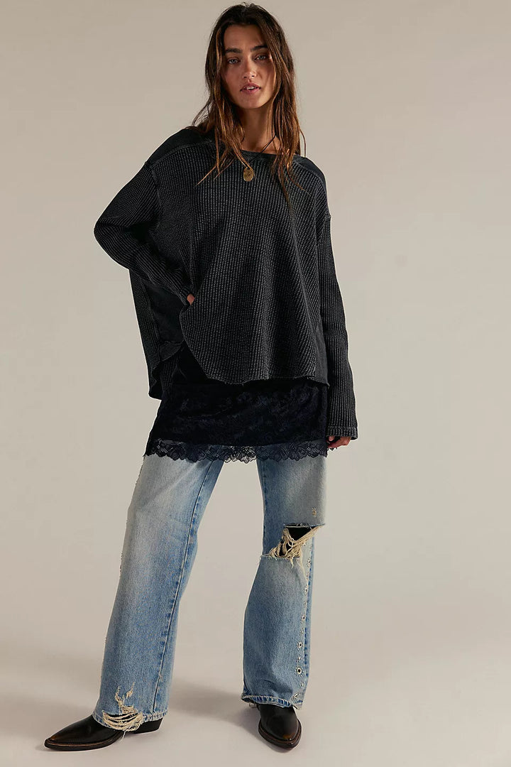 Damen Oversized Waffelstrick-Pullover mit weitem Schnitt und tiefem Raglan – Mavelle