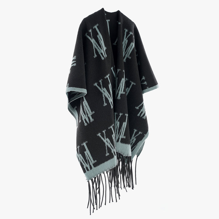Damen Oversize-Monogramm-Capeponcho aus Wollmix mit Fransensaum – Célinea