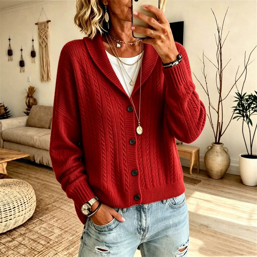Damen Langer Schalkragen-Cardigan aus Zopfmuster mit gerippten Bündchen – Veloura