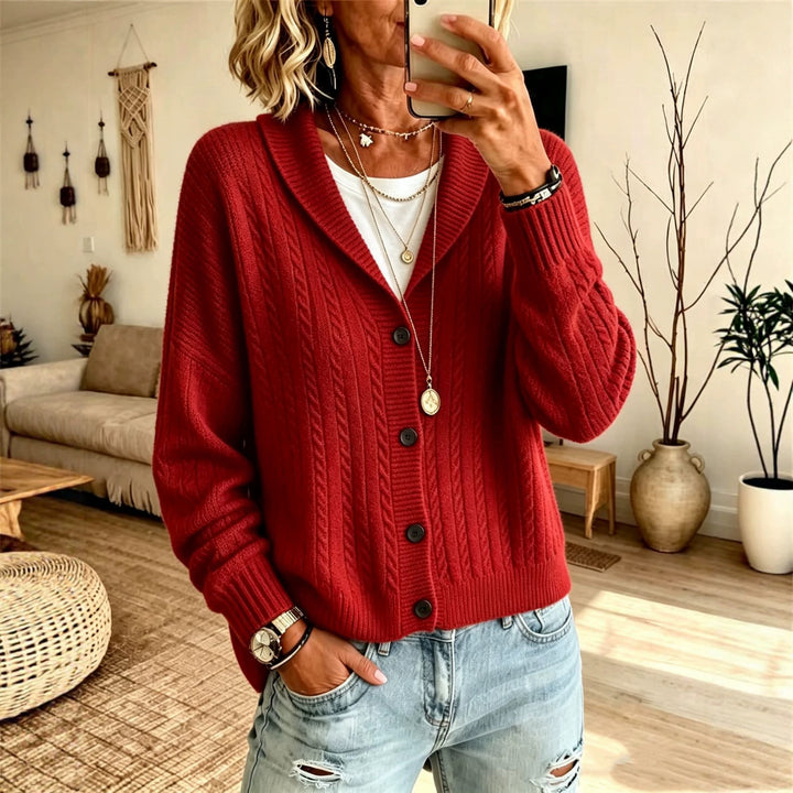 Damen Langer Schalkragen-Cardigan aus Zopfmuster mit gerippten Bündchen – Veloura