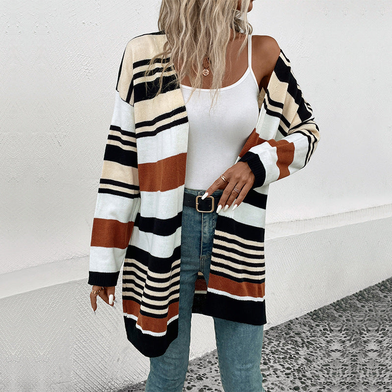 Damen Oversize Strickcardigan mit Blockstreifen, offener Front und langen Ärmeln Echoarchiv