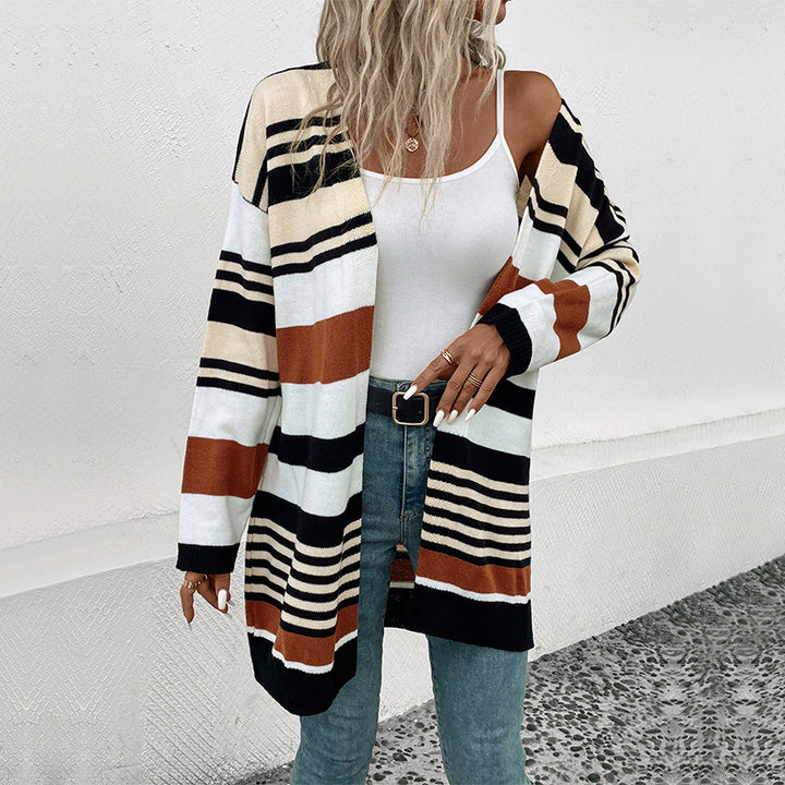 Damen Oversize Strickcardigan mit Blockstreifen, offener Front und langen Ärmeln Echoarchiv