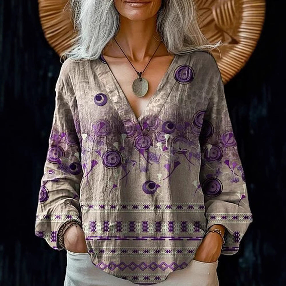 Damen Boho-Leinenmischung Tunika-Bluse mit V-Ausschnitt und floraler Aquarellstickerei – Élovi