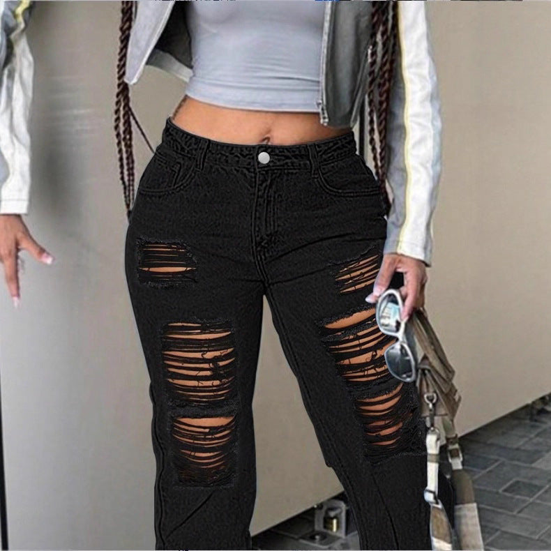 Damen hochgeschnittene weite Denim-Jeans mit ausgeprägten Ripped-Details und lässigem Schnitt Echo Archiv