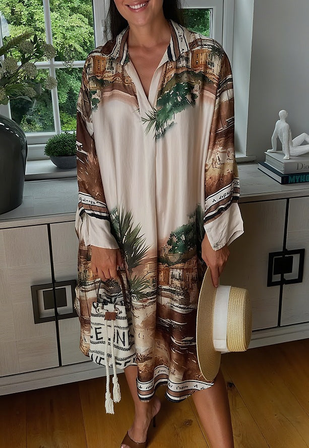 Damen nan Seidenoptik-Hemdkleid im Kaftanstil mit illustrativem Küstenprint Echo Archiv