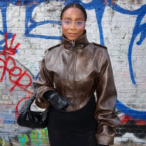 Damen Cropped Kunstleder‑Corsagenjacke mit hohem Stehkragen und verlängerten Ärmeln Echoarchiv