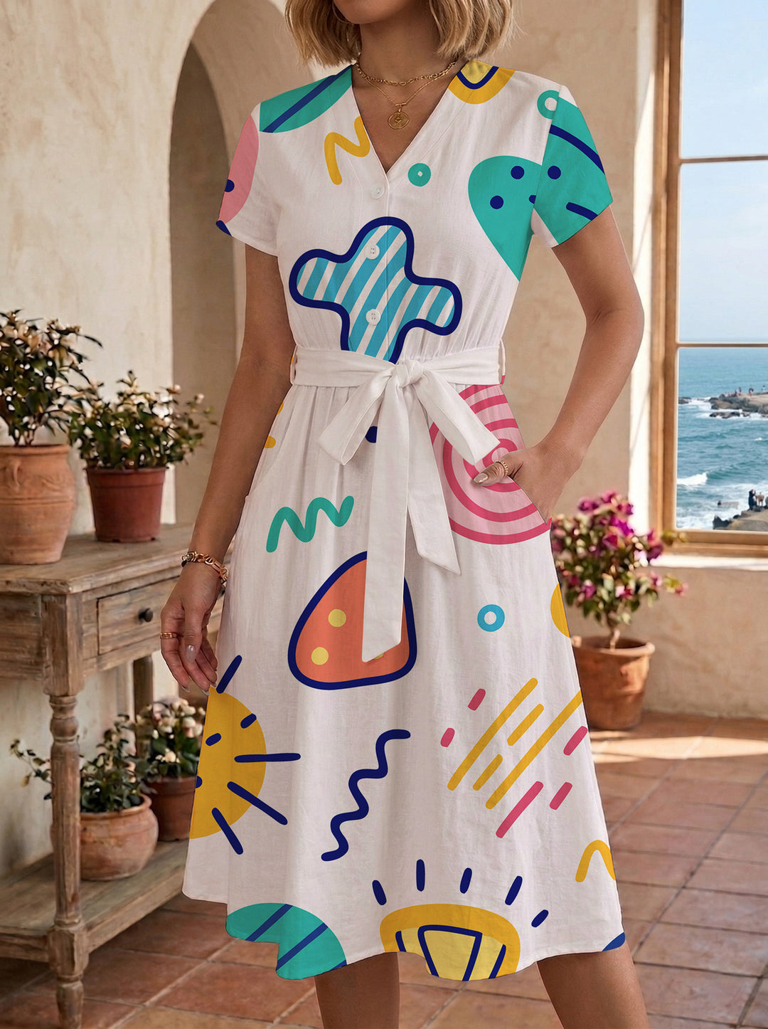 Damen Midikleid mit farbenfrohem Blumendesign und taillierbarem Bindegürtel Echo Archiv