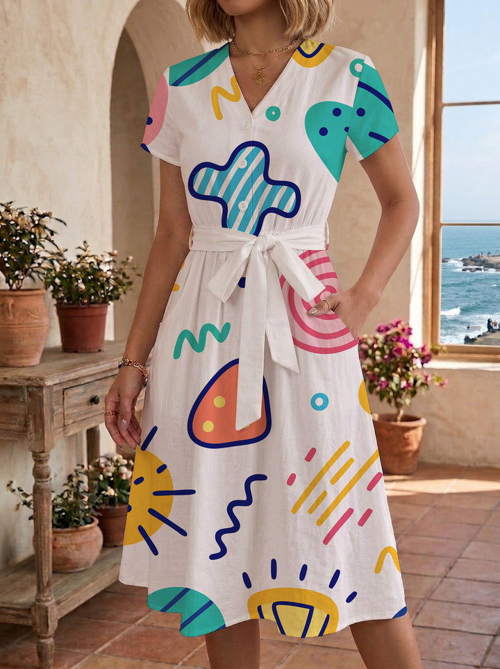 Damen Midikleid mit farbenfrohem Blumendesign und taillierbarem Bindegürtel Echo Archiv